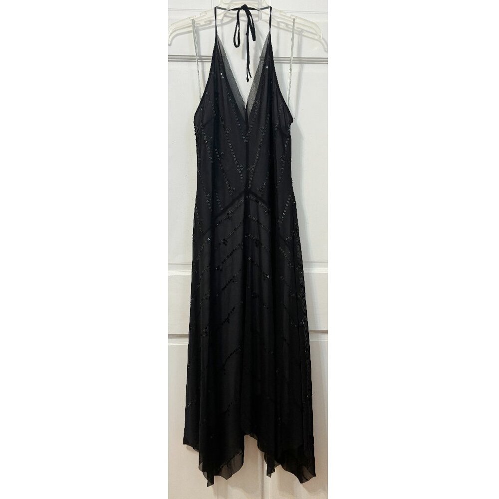 BCBG Dress Black Sequin Halter Asymmetric Y2K 90s V Cocktail Wedding 4 6 8 M